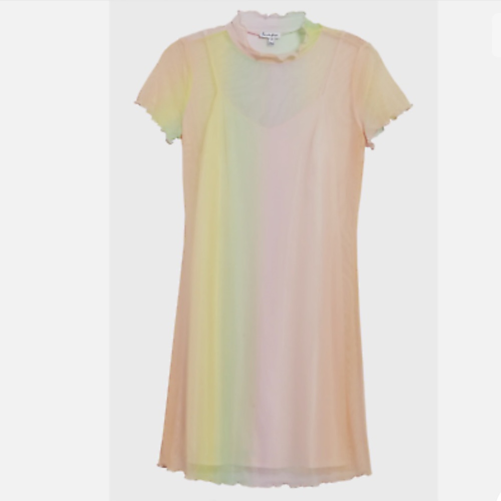 LOVE, FIRE Junior Rainbow Mesh Short Sleeve Dress In Soft Rainbow Colors